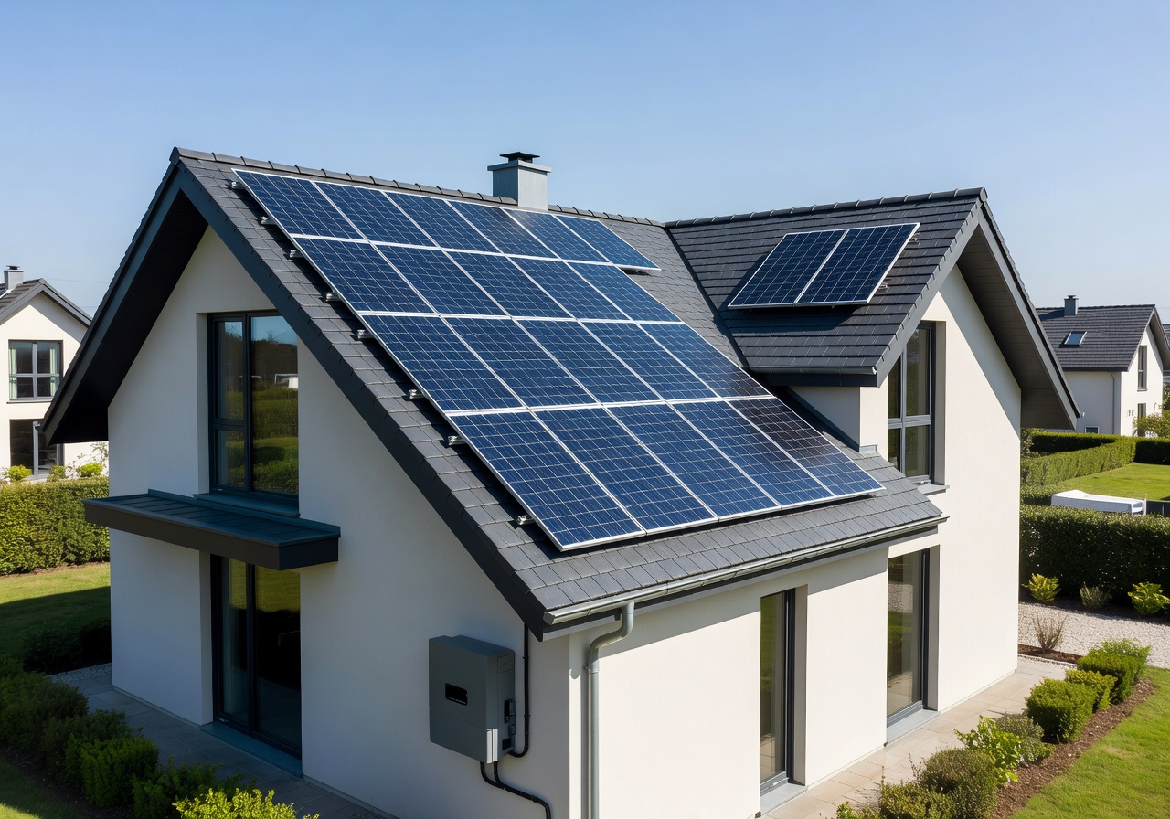 Complete residential solar energy system with panels on a modern European home roof