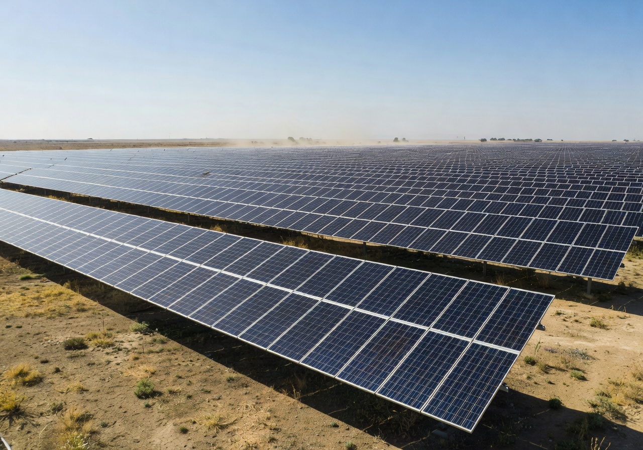 High-efficiency monocrystalline solar panels installed in rows generating renewable energy