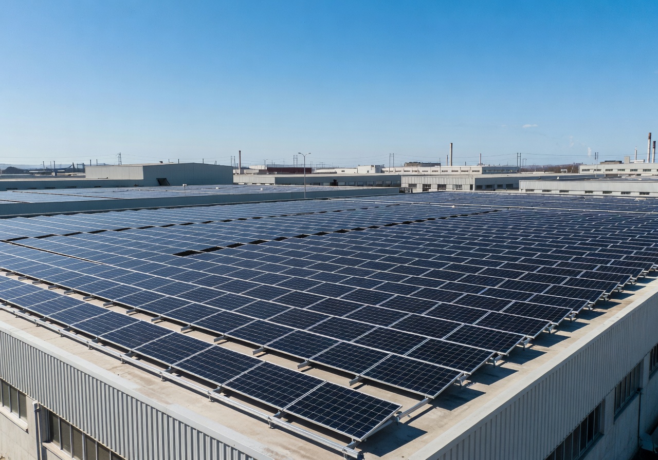 Large-scale commercial solar panel installation on an industrial warehouse rooftop