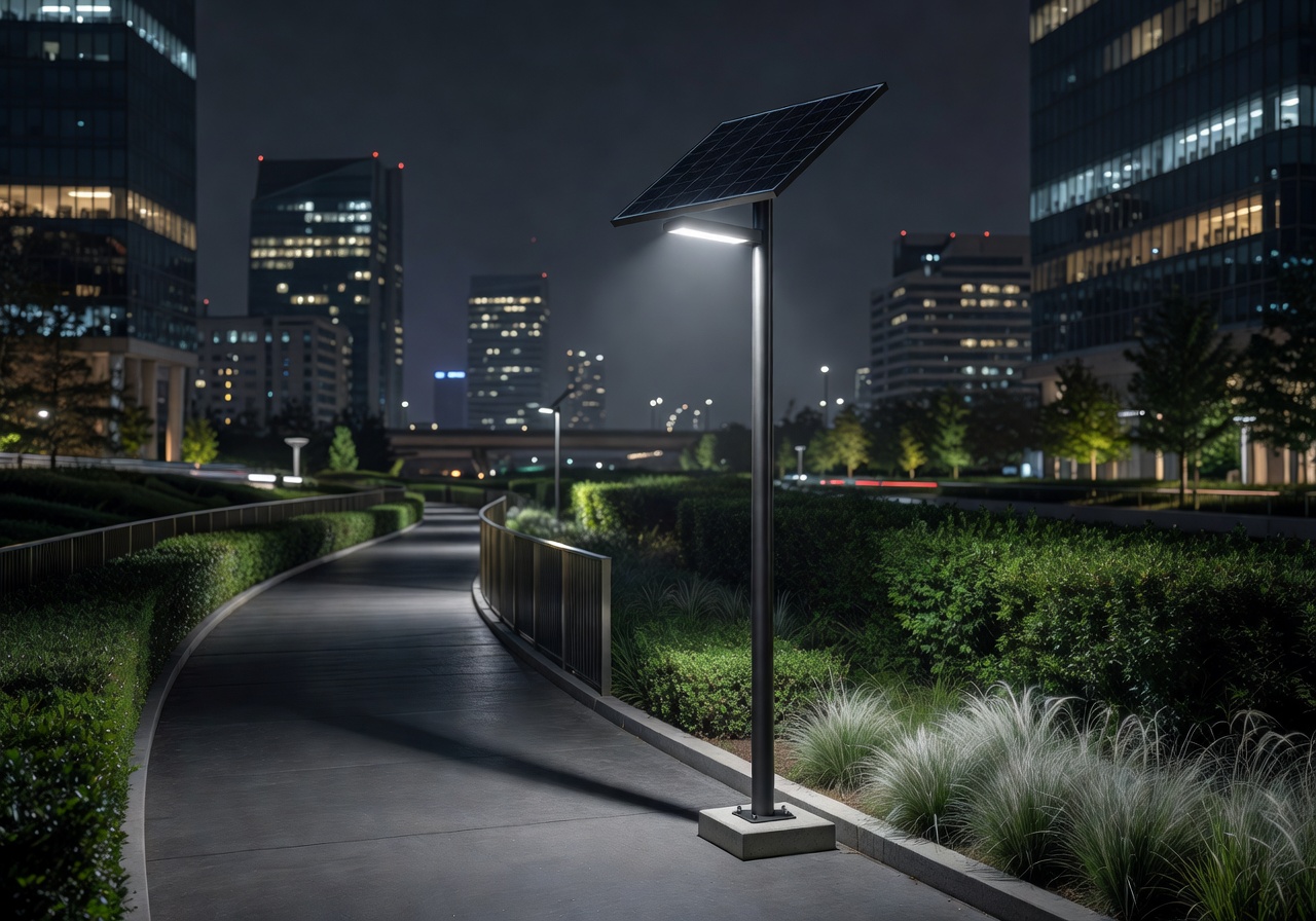 Solar-powered smart street light illuminating a modern urban pathway at night