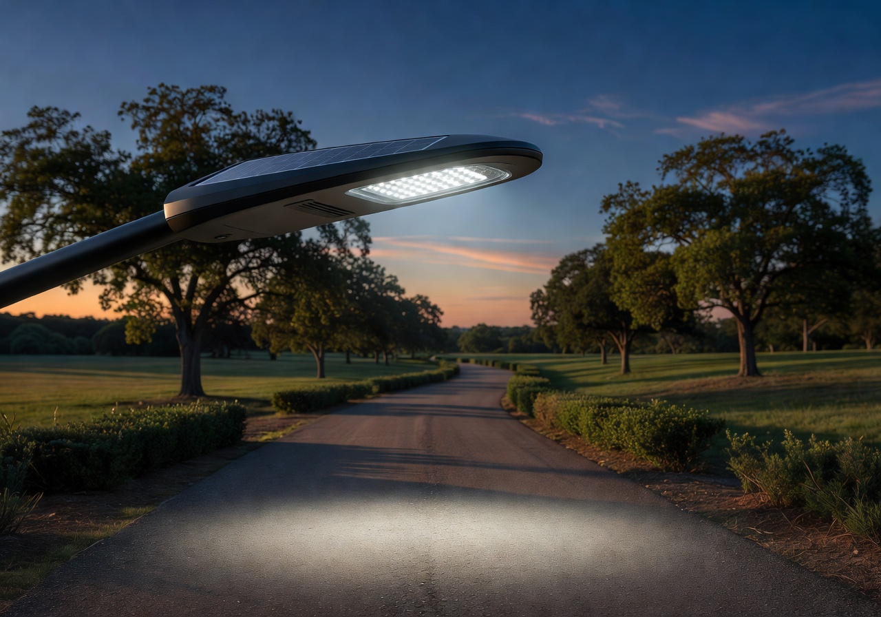 VeloLight Smart 200 solar-powered street light illuminating a pathway at dusk